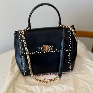 Salvatore Ferragamo Black Leather Satchel with Gold & Silver Studs